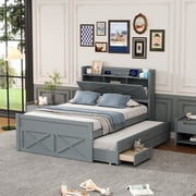 Newest Full Size Wooden Bed with Storage Headboard with Outlets, Extendable Bed with Twin Size Trundle with Three Storage Drawers,Gray
