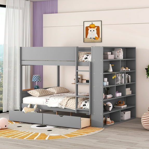 Newest Full over Full Bunk Bed With 2 Drawers and Multi-layer Cabinet, Gray