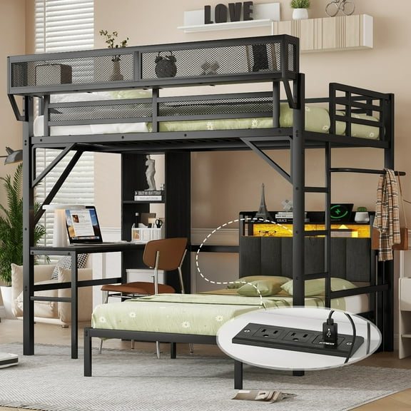 Newest Full over Twin Metal Bunk Bed with Desk , Bookshelves, Detachable Metal Bunk Bed with LED , Charge Station, Black