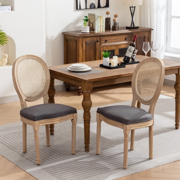 Newest Gray Linen Dining Chairs, French Country Rattan Back Chairs with Solid Wood Frame for Farmhouse