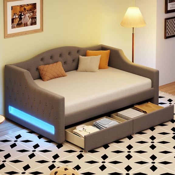 Newest Gray Twin XL Daybed with 2 Drawers, Upholstered Sofa Bed Features Built-in LED Lighting & Storage, Space Saving Solution with Ambient Light