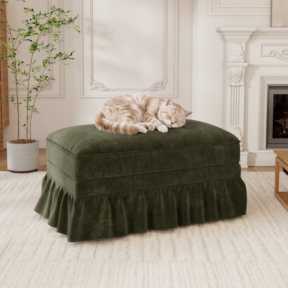 Newest Green Chenille Ottoman, Detachable Ruffles Skirt 2-in-1 Footrest & Modular Stool