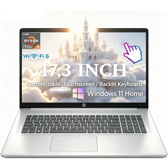 Newest HP 17 Laptop, 17.3" HD+ Touchscreen Display, AMD Ryzen 5 7530U (Beats i7-1165G7), 12GB RAM, 512GB SSD, Wi-Fi 6,Bluetooth, Webcam, HDMI, Windows 11 Home, Silver