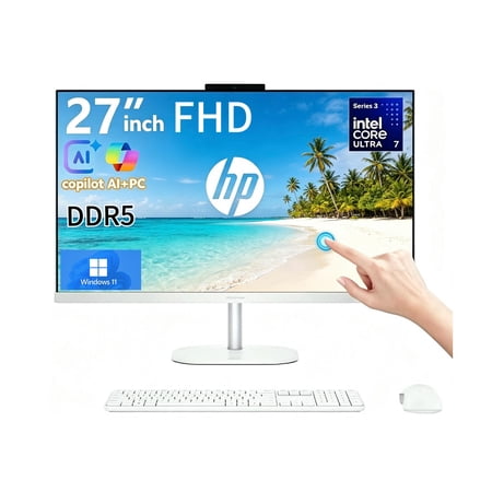 Newest HP OmniStudio 27" FHD Touchscreen All-in-One Desktop Computer, Intel 8-Core Ultra 7 355 Processor, 16GB DDR5 RAM 512GB Storage , Wireless Keyboard & Mouse, Windows 11 Home, White