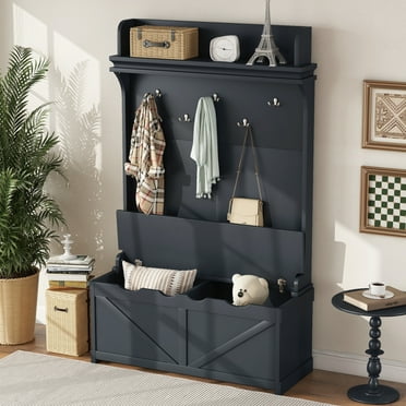 Newest Hall Tree with Storage Bench, Entryway Bench with Drawer and 5 Hooks, Coat Rack with Display Shelf for Hallway Entryways, Dark Blue