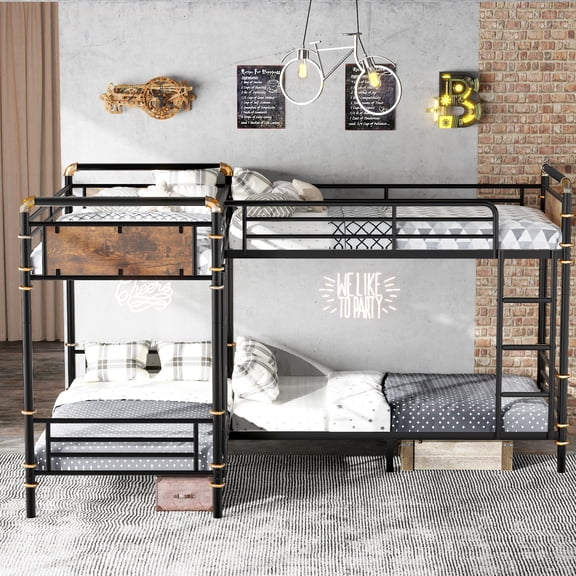 Newest Heavy-Duty Twin Quad Bunk Bed Frame with Safety Guardrails and Non-Slip Ladder, Black
