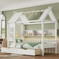 thumbnail image 1 of Newest House Kids Playhouse Twin Size Platform Bed with Storage Drawers and Shelves, Solid Wood Whimsical Design, White, 1 of 11