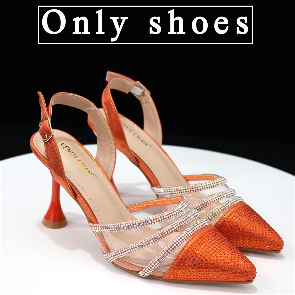 Newest INS Style Orange Color Elegant High Heels Nigeria Popular Design African Ladies Shoes And Bag Set Walmart