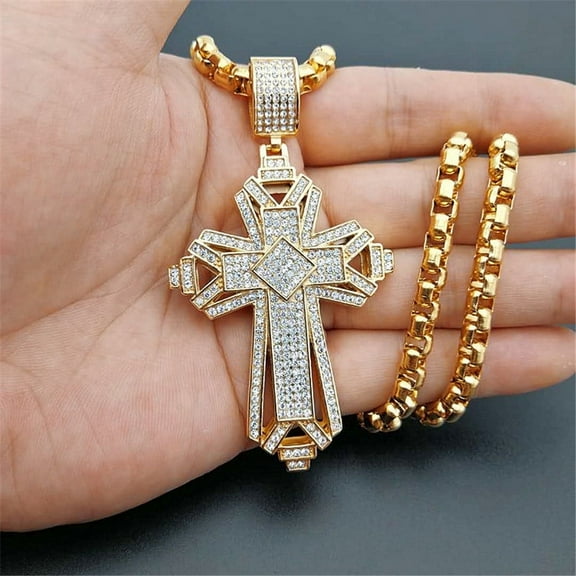 Newest Iced Out 14K Yellow Gold Big Cross Pendant Necklace for Men Gold Color Christian Cruzar Necklace Religious Jewelry