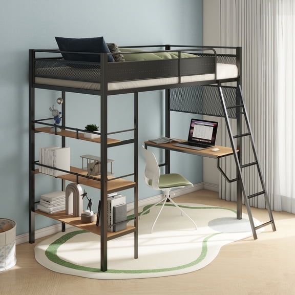 Newest Industrial Metal Twin Loft Bed with Desk and 3 Shelves, Space-Saving for Bedroom with Guardrails, Matte Black