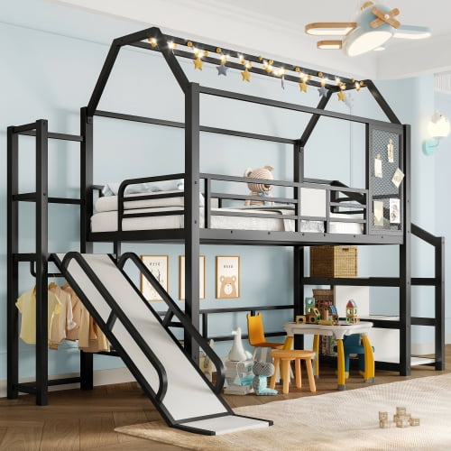 Newest Kids Playhouse Metal Twin House Loft Bed with Slide and Stairs, Includes Storage Shelves Noise-Free Design, Black