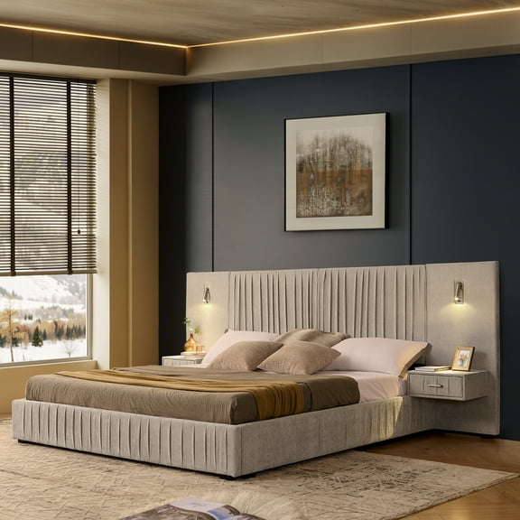 Newest King Size Platform Bed with Integrated Nightstand, Pleated Chenille Fabric & Adjustable Bedside Lamp, Grounded Design, No Box Spring, Beige