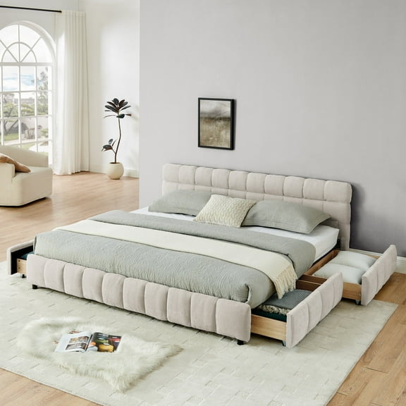 Newest King Upholstered Storage Bed with Drawers, Modern Low-Profile Platform Bed Frame with Headboard, Chenille Fabric, Beige