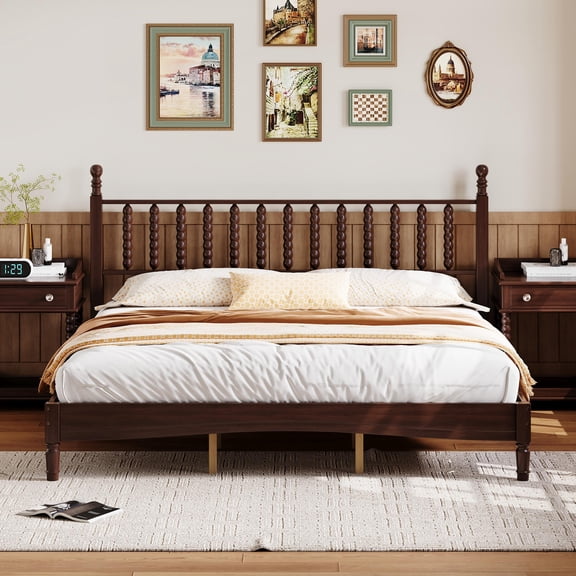 Newest King Size Wood Platform Bed with Gourd Shaped Headboard,Retro Style Platform Bed with Wooden Slat Support,Walnut