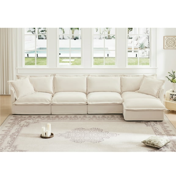Newest L Shape Sectional, Sofa Couch,4 Seater Sofa, Suppleness Armrests,Chenille Deep Seat Sofa, 2 Big Pillows,Comfy Couch for Living Room,Apartment,Chenille Fabric,Cream