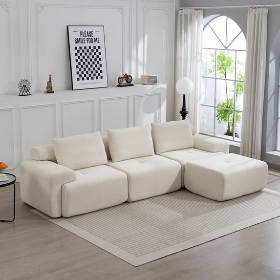 Newest L-Shaped Sectional Couches for Living Room with Memory Foam & Steel Frame - Convertible Sofa Bed, Corduroy Fabric Compression Sofa, Modular Couch for Apartments,Bedrooms,Home Theate,White