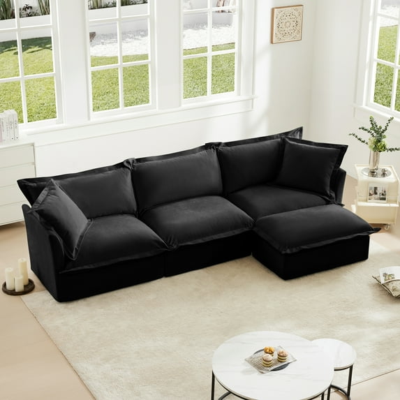 Newest L-Shaped Sectional Sofa Couch,Comfy Chenille Deep Seat Couch, Convertible Ottoman & 2 Big Pillows,Modern Oversized 3 Seater Sofa Set for Living Room Office,Black