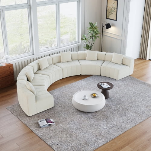 Newest Large Curved Chenille Sectional for Great Room & Creative Studio, 6-Seat Modular Sofa with 6 Pillows, Beige
