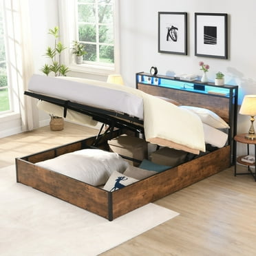 Newest Lift-up Storage Bed Frame, Queen Size Bed Frame with Bookcase Headboard & LED Lights, Wooden Platform Bed Frame with Charging Station, No Spring Box Needed, Rustic Brown