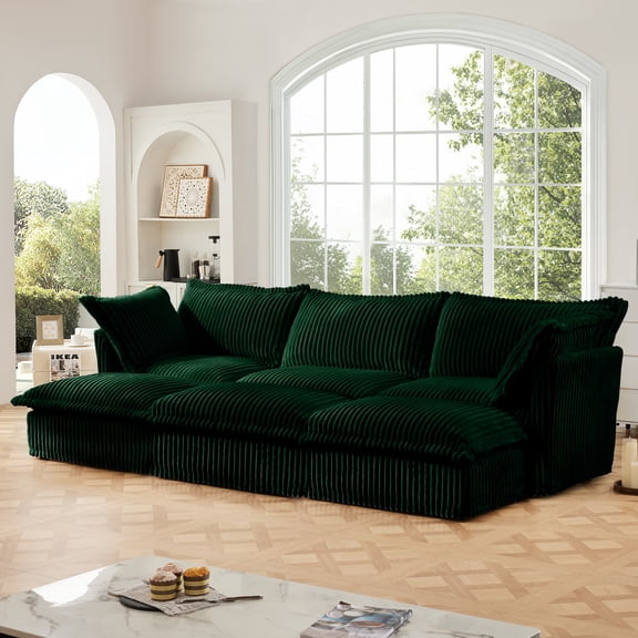 Newest Living Room Sofa Slipcovered Sofa 3 Seater Sofa,3 Ottomans, Oversized 3-Seat Sleeper Sofa Bed Home Theater Sofa, Corduroy, Green