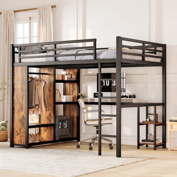 Newest Loft Bed Queen Size, Metal Bedframe Built-in Wardrobe, Loft Bed with Desk and Storage Shelvesand ,Safety Guardrail, No Box Spring Needed, Space Saving, Noise Free, Matte Black