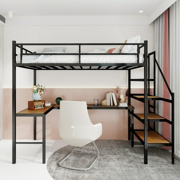 Newest Loft Bed with L Desk Black,Built in Stairs & Storage, 360° Safety Railing, Space Saving for Small Rooms
