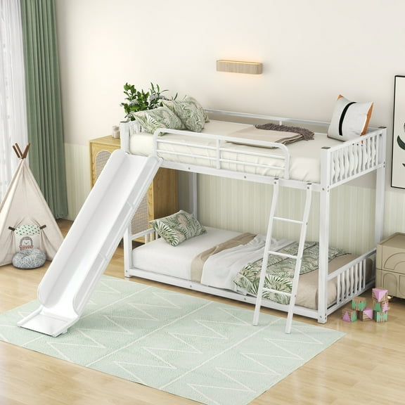 Newest Metal Bunk Bed with Slide, Twin over Twin, White