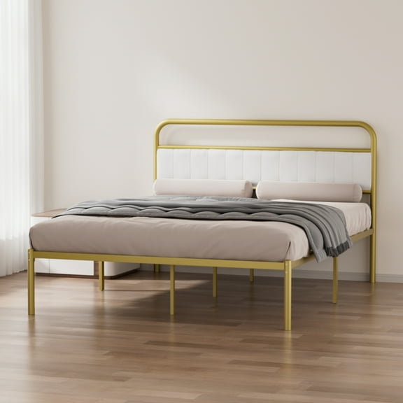 Newest Metal Steel Platform Bed Frame with Upholstered Headboard cushion (Queen Size) - Gold
