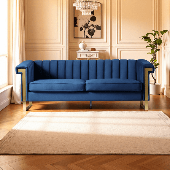 Newest Mid-Century Blue Velvet Sofa 3-Seater - Chesterfield Channel Tufted Design with Gold Metal Legs, Living Room Centerpiece