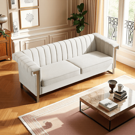 Newest Mid-Century Cream White Velvet Sofa 3-Seater - Chesterfield Channel Tufted Design with Gold Metal Legs, Living Room Centerpiece