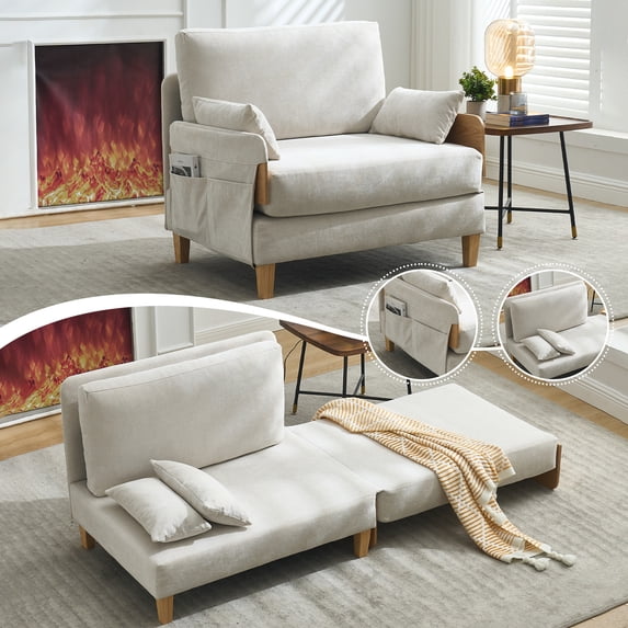 Newest Mid-Century Modern Convertible Sofa Bed, 3-in-1 Foldable Sleeper with 3 Pillows and Side Pockets, Beige