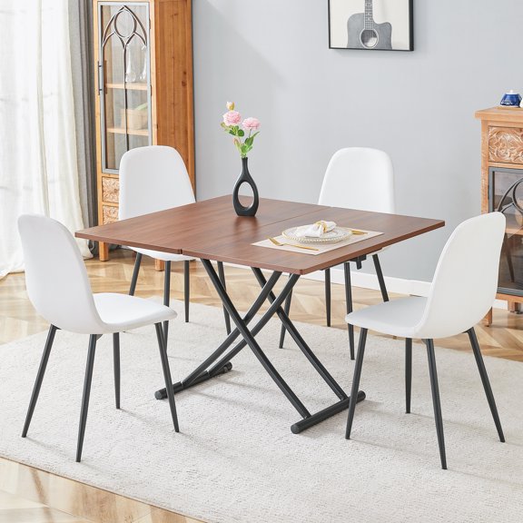 Newest Modern 4-Piece Dining Set with Adjustable Lift Table, Walnut Wood Grain MDF Top & White Linen Fabric Chairs, Multi-Functional Table & Chair Set