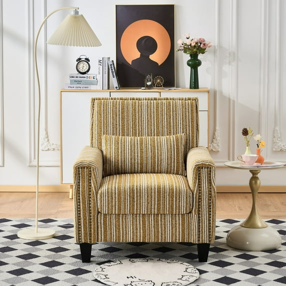 Newest Modern Accent Chair with Arms,Comfy Upholstered Armchair for Living Room,Yellow , White Striped Armchair with Nailhead Trim,For Living Room, Bedroom, Apartment,Office