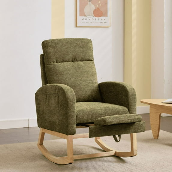 Newest Modern Accent Rocking Chair Rocking Chair with Solid Wood Legs, Upholstered Nursery Glider Rocker, Comfy Armchair with Side Pocket, Living Room Lounge Arm Chair with High Backrest Teddy