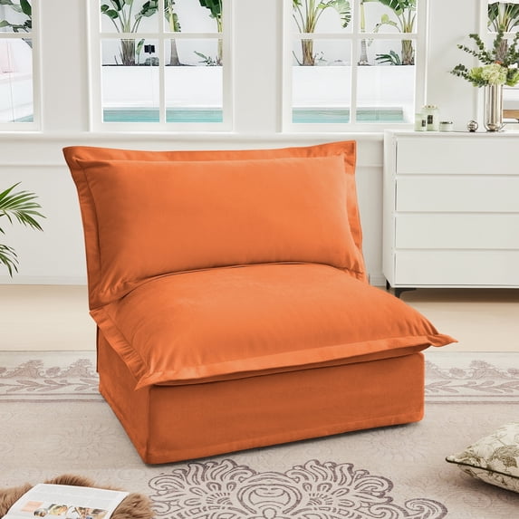 Newest Modern Armless Chair,Orange Chenille Single Seater, Deep Seat Design,Removable Cover, Easy 10-Min Assembly, for Small Spaces