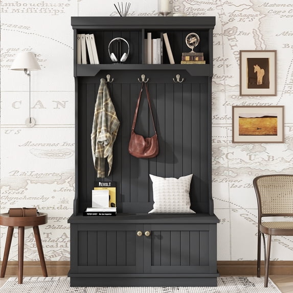 Newest Modern Hall Tree with 4 Hooks, Shoe Bench and Storage Cabinet,Black