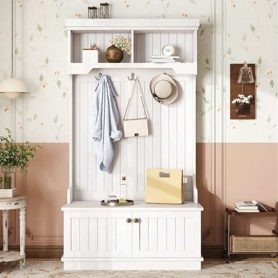 Newest Modern Hall Tree with 4 Hooks, Shoe Bench and Storage Cabinet, White