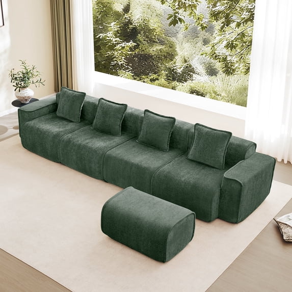 Newest Modern L-Shape Velvet Sectional with Ottoman & Throw Pillows for Large Living Room & Family Room, Green