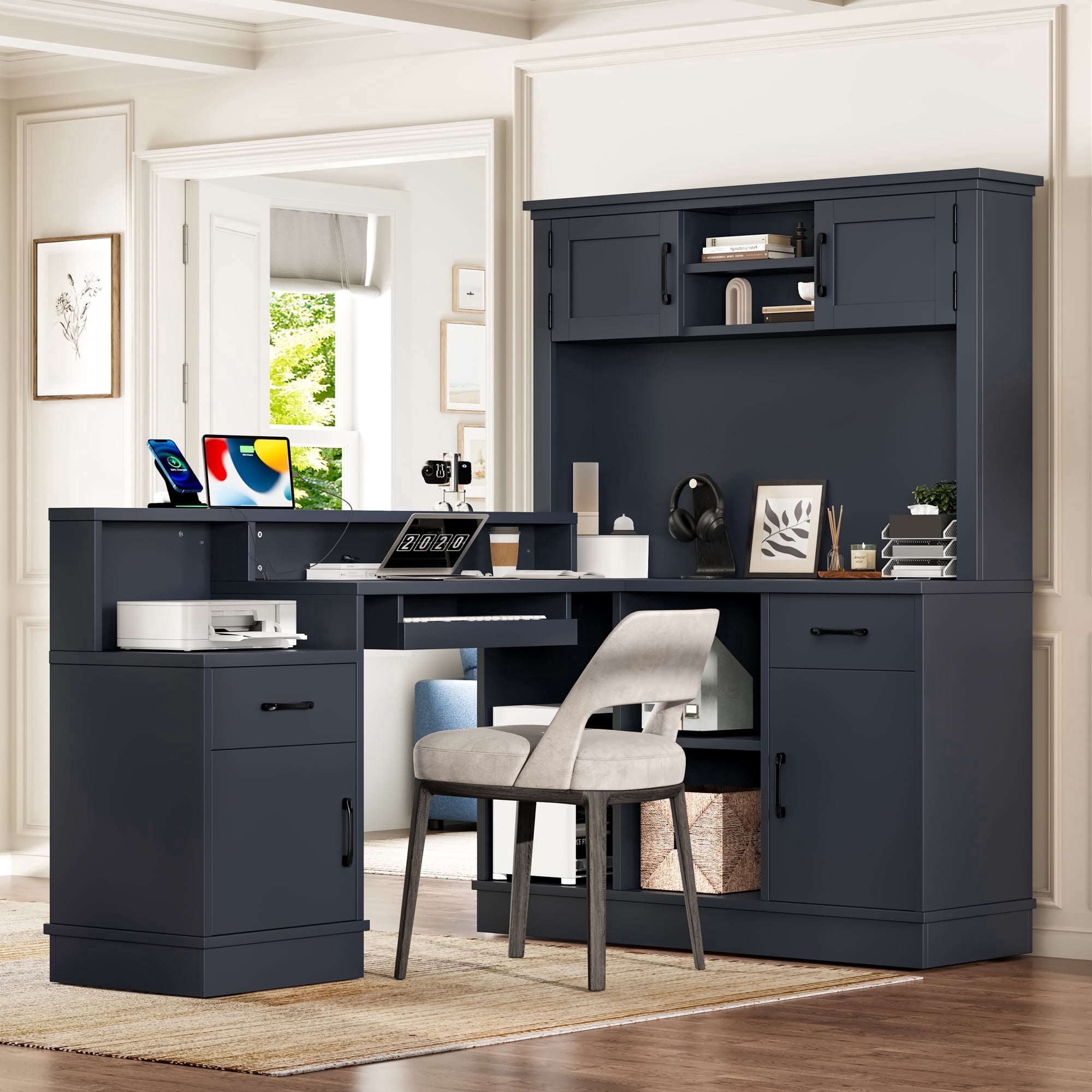 Newest Modern L-Shaped Desk with Built-in Outlet & Storage, 4-Cabinet 2-Drawer Computer Desk for Home Office, Blue