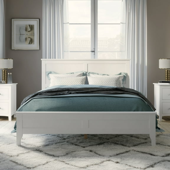 Newest Modern Solid Wood Queen Platform Bed - Pine Frame with Tapered Legs, Natural Finish, for Bedroom & Guest Room, White​