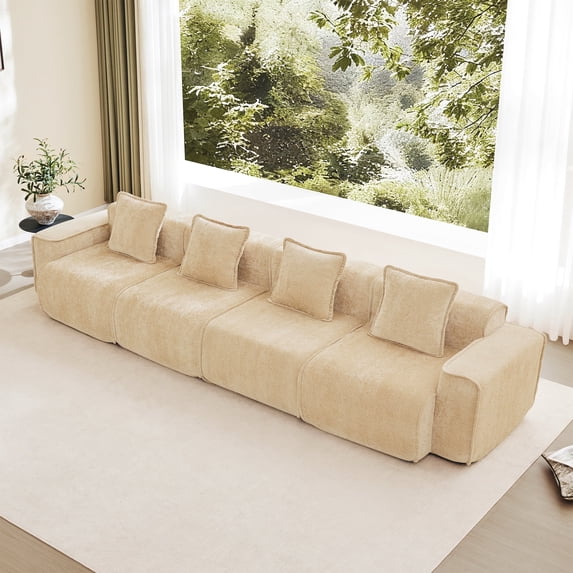 Newest 138" 4-Seater Modular Velvet Sofa for Living Room, Deep-Seat Design with Throw Pillows & No Assembly Required,Light Camel