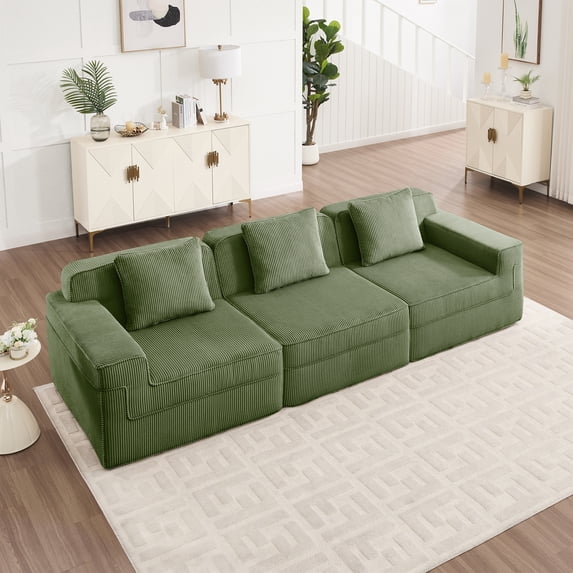 Newest Modular 3 Seat Boneless Sofa, Cloud Sectional Couch,Deep Seat, Modern Modular 3-Seat Sofa Couch,Throw Pillows Corduroy Fabric Green