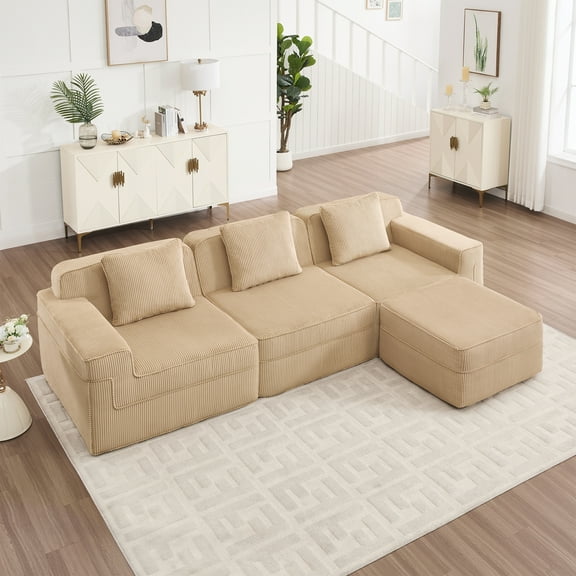 Newest Modular 3 Seat L Shape Sectional Boneless Sofa, Cloud Sectional Couch,Deep Seat, Modern Modular 3-Seat Sofa Couch,Throw Pillows,1 Movable Ottoman, Corduroy Fabric Camel