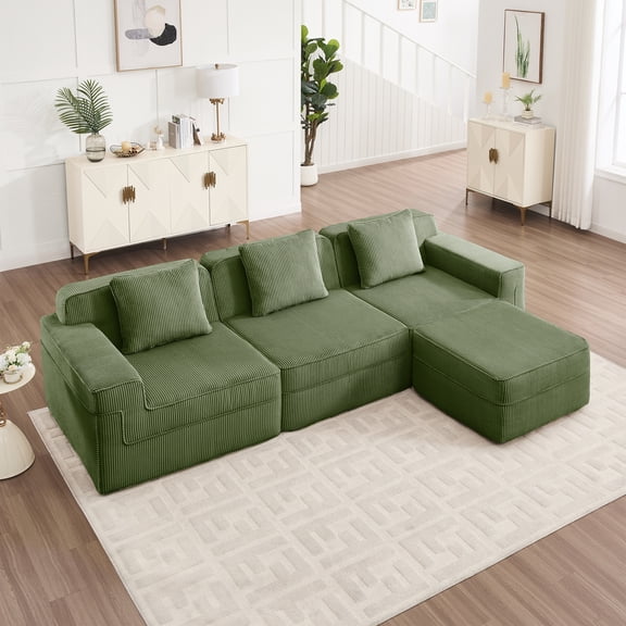 Newest Modular 3 Seat L Shape Sectional Boneless Sofa, Cloud Sectional Couch,Deep Seat, Modern Modular 3-Seat Sofa Couch,Throw Pillows,1 Movable Ottoman, Corduroy Fabric Green