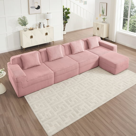 Newest Modular 4 Seat L Shape Sectional Boneless Sofa, Cloud Sectional Couch,Deep Seat, Modern Modular 4-Seat Sofa Couch,Throw Pillows,1 Movable Ottoman, Corduroy Fabric Pink