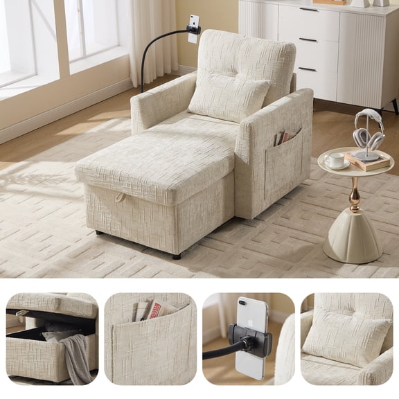 Newest Multifunctional Recliner with Storage Backrest and Phone Bracket, Chenille Lazy Sofa Chair for Small Space Living Room & Bedroom, Beige