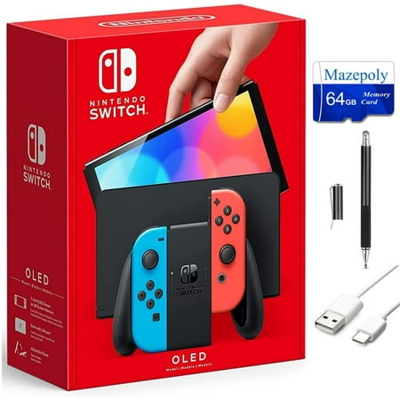 Newest Nintendo Switch 64G OLED Model Bundle, Nintendo Switch Console with Neon Red & Neon Blue Joy-Con Controllers, Vibrant 7-inch OLED Screen, 64GB Storage, HDMI, Bluetooth, Mazepoly Accessories