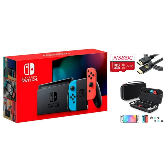Newest Nintendo Switch Neon Blue & Red Jon-Con Console With NSSCD 256GB Storage Card, HDMI Cable and 10 in 1 Accessory Case