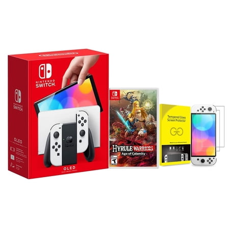 Newest Nintendo Switch (OLED Model) White Joy Con 64GB Console With Hyrule Warriors: Age of Calamity And Screen Protector Bundle