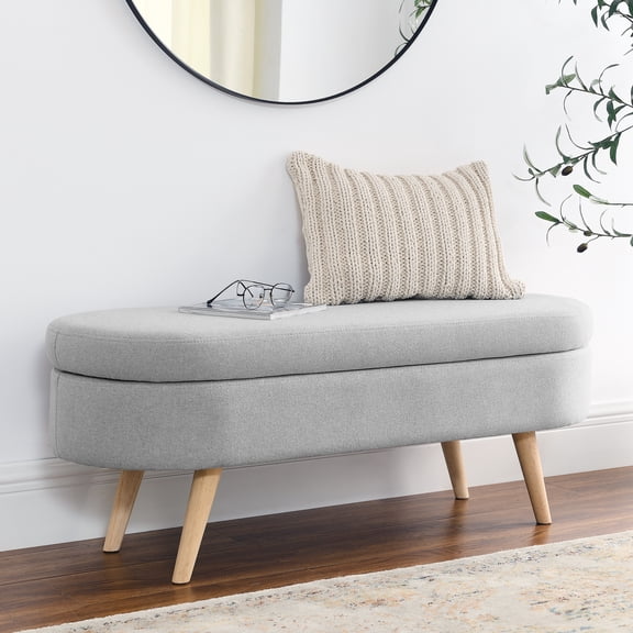 Newest Oval Storage Ottoman Bench with Rubber Wood Legs, Grey Linen Upholstered Stool for Living Room & Bedroom, 43.5" Footrest with Hidden Storage